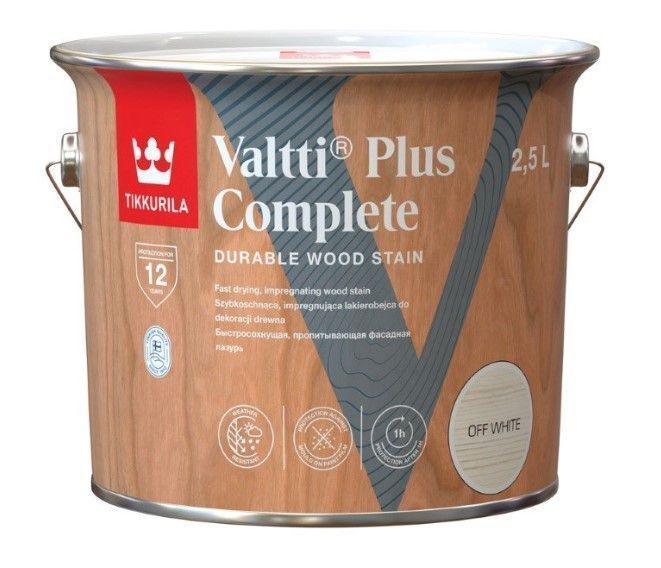 Tikkurila Valtti Plus Complete Off White Satīna Lazūras Koksnes Aizsargpārklājums Ārdarbiem, Matēts | Bazaars.lv